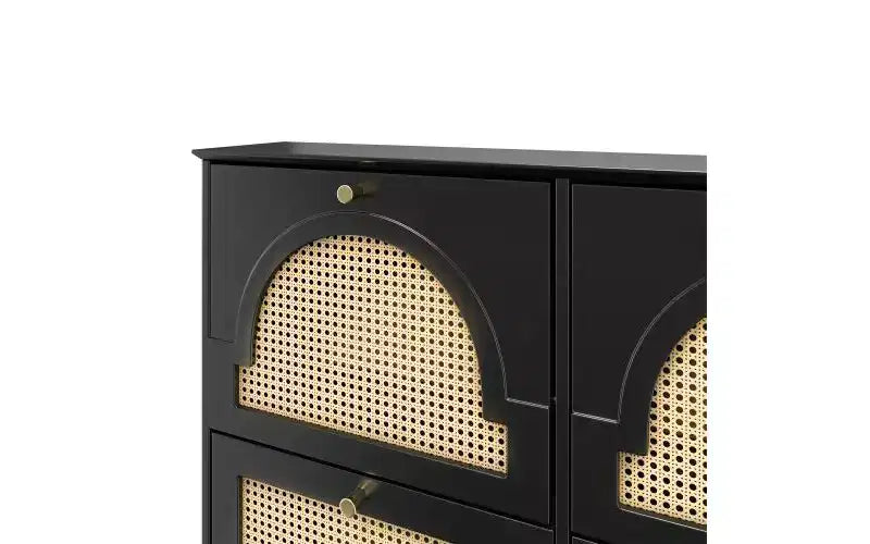 JVNOXK Mid-Century Narrow Shoe Cabinet with 4 Flip Drawers Rattan Doors, Tipping Bucket Shoe Organizer with 2 Hooks for Entryway Hallway Black