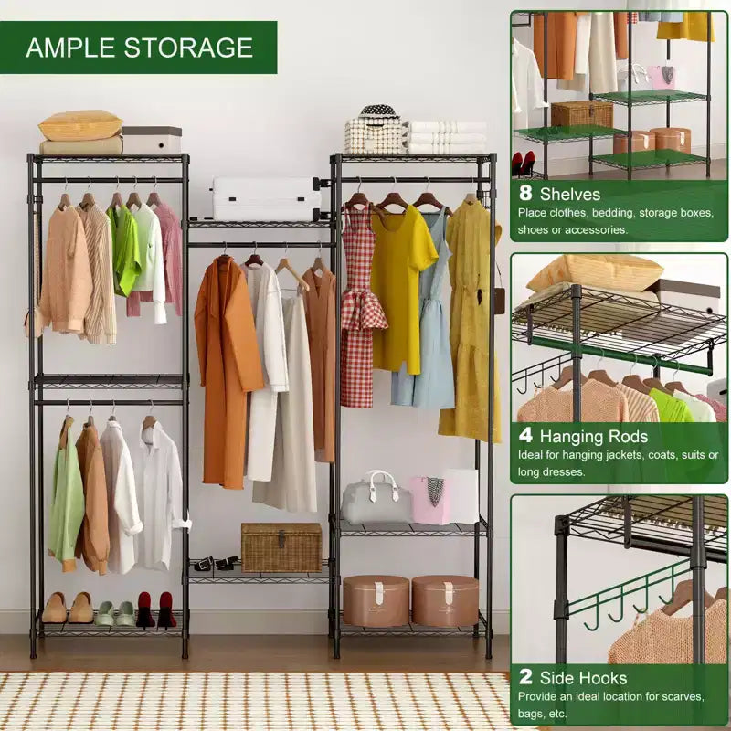 Appendiabiti in Metallo Rinforzato con Ripiani Regolabili, Aste Appendiabiti e Ganci, Armadio Portatile Autoportante Adatto per Camere da Letto, Ingressi