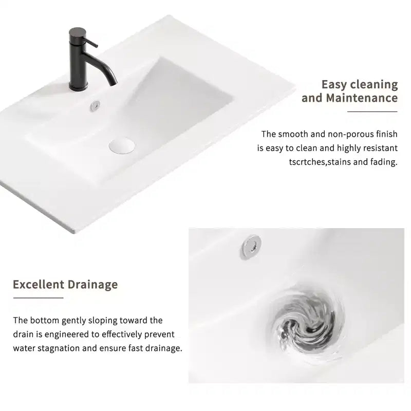 JVNOXK Lavabo de salle de bain de 24 pouces, Lavabo de salle de bain en céramique avec trou de trop-plein, Sans drain, Pratique pour ranger des articles personnels, Blanc brillant