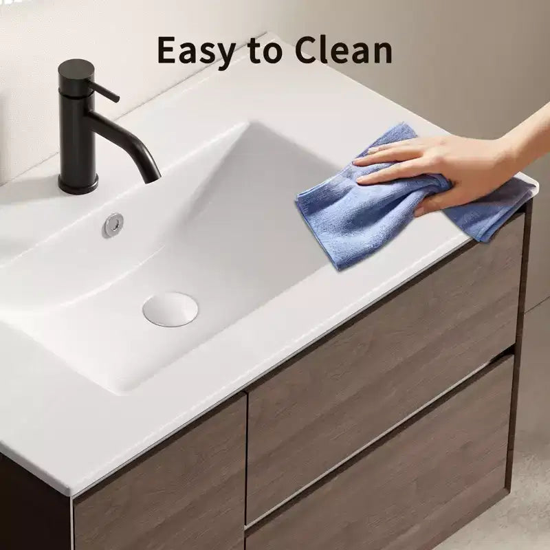 JVNOXK Lavabo de salle de bain de 24 pouces, Lavabo de salle de bain en céramique avec trou de trop-plein, Sans drain, Pratique pour ranger des articles personnels, Blanc brillant