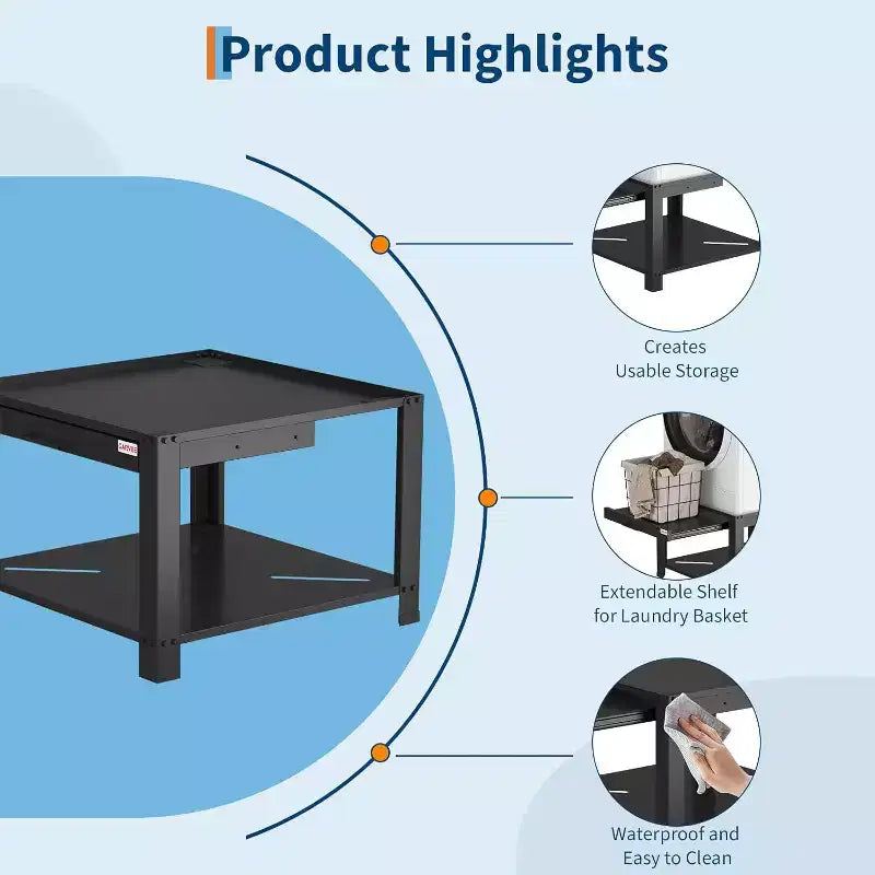 Pieds de laveuse et sécheuse de 29 po de largeur avec panier-étagère, piédestal de lessive de 20 po de hauteur avec patins anti-vibrations réglables, capacité de 800 lb, noir
