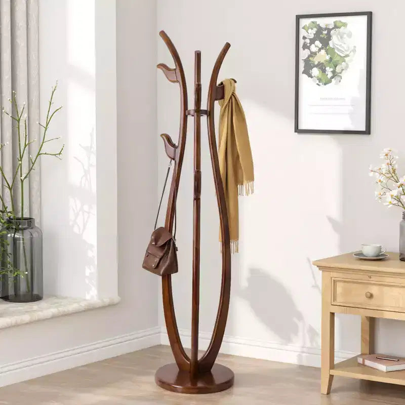 Bekrvio S-shaped Creative Freestanding Coat Rack Solid Wood Coat Tree with 6 Hooks and Sturdy Round Base, Coat Stands for Coats, Hats & Bags