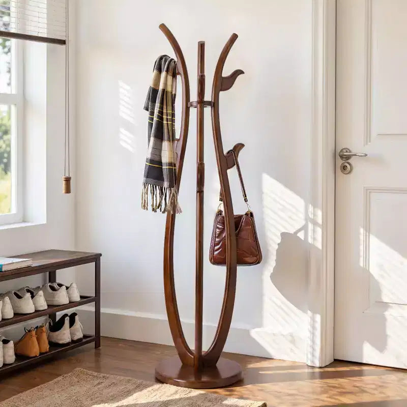 Bekrvio S-shaped Creative Freestanding Coat Rack Solid Wood Coat Tree with 6 Hooks and Sturdy Round Base, Coat Stands for Coats, Hats & Bags