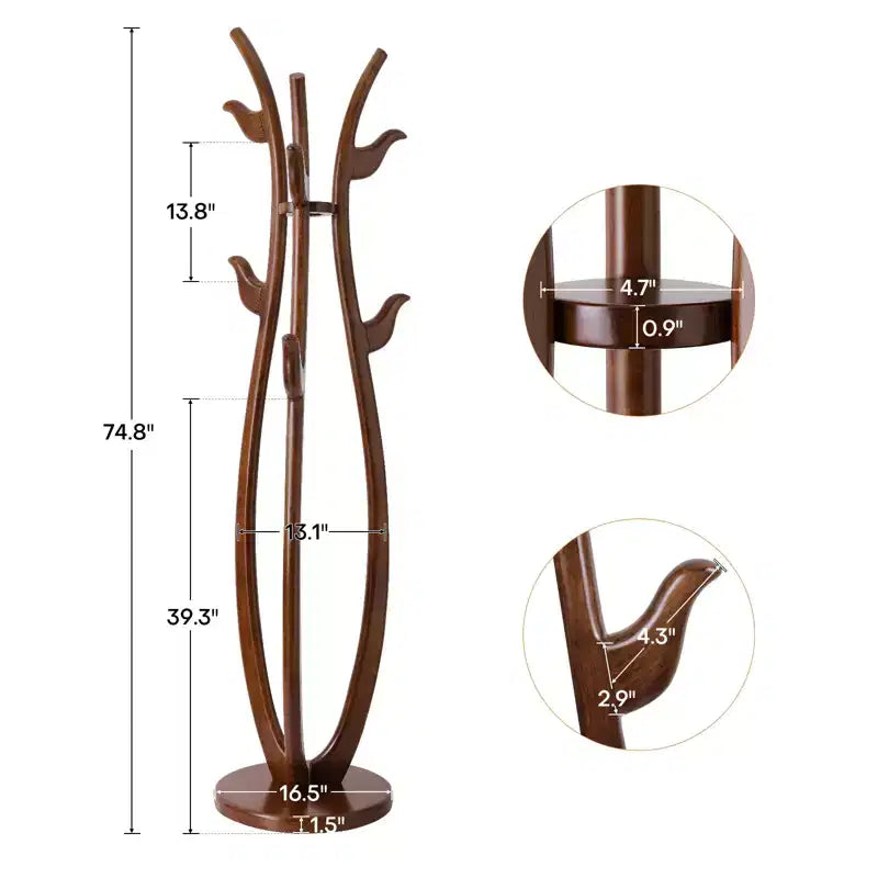 Bekrvio S-shaped Creative Freestanding Coat Rack Solid Wood Coat Tree with 6 Hooks and Sturdy Round Base, Coat Stands for Coats, Hats & Bags