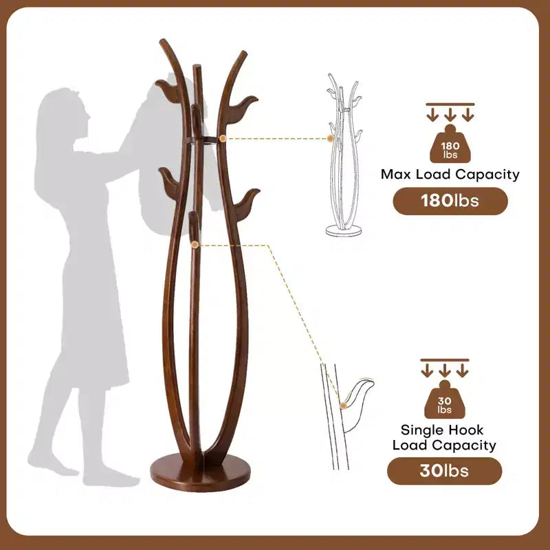 Bekrvio Portemanteau créatif en forme de S autoportant en bois massif avec 6 crochets et base ronde stable, pour manteaux, chapeaux et sacs