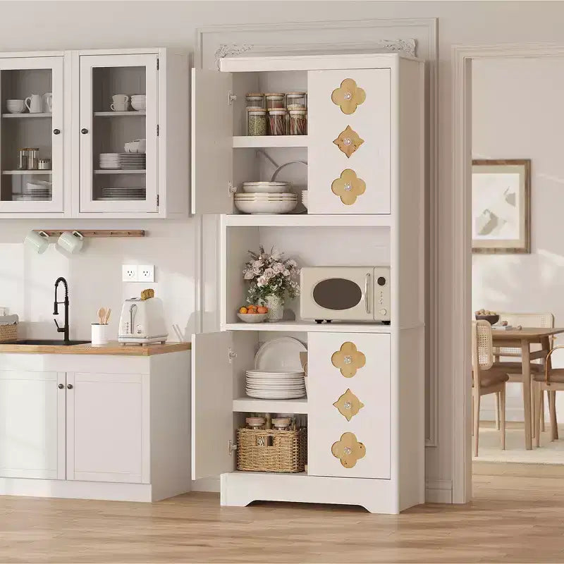Meuble de cuisine garde-manger, armoire de rangement haute de 183 cm avec plan de travail, buffet en bois autoportant avec porte sculptée et poignée en cristal, pour salle à manger