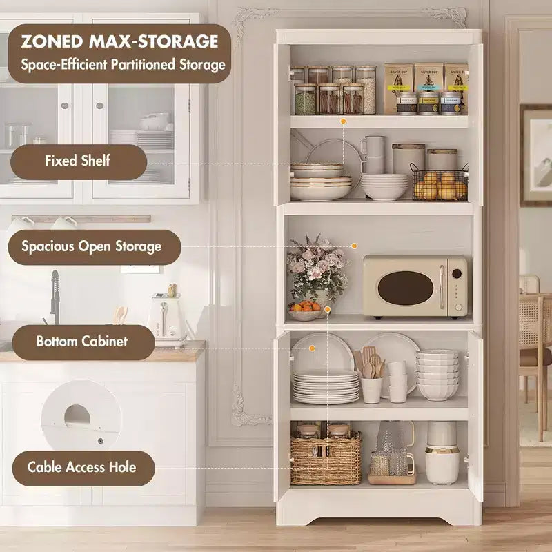 Meuble de cuisine garde-manger, armoire de rangement haute de 183 cm avec plan de travail, buffet en bois autoportant avec porte sculptée et poignée en cristal, pour salle à manger
