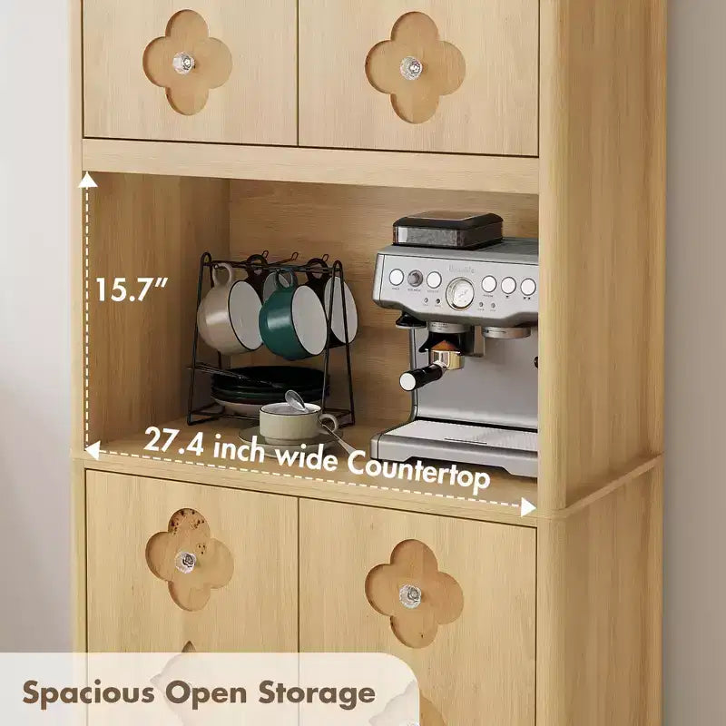 Meuble de cuisine garde-manger, armoire de rangement haute de 183 cm avec plan de travail, buffet en bois autoportant avec porte sculptée et poignée en cristal, pour salle à manger
