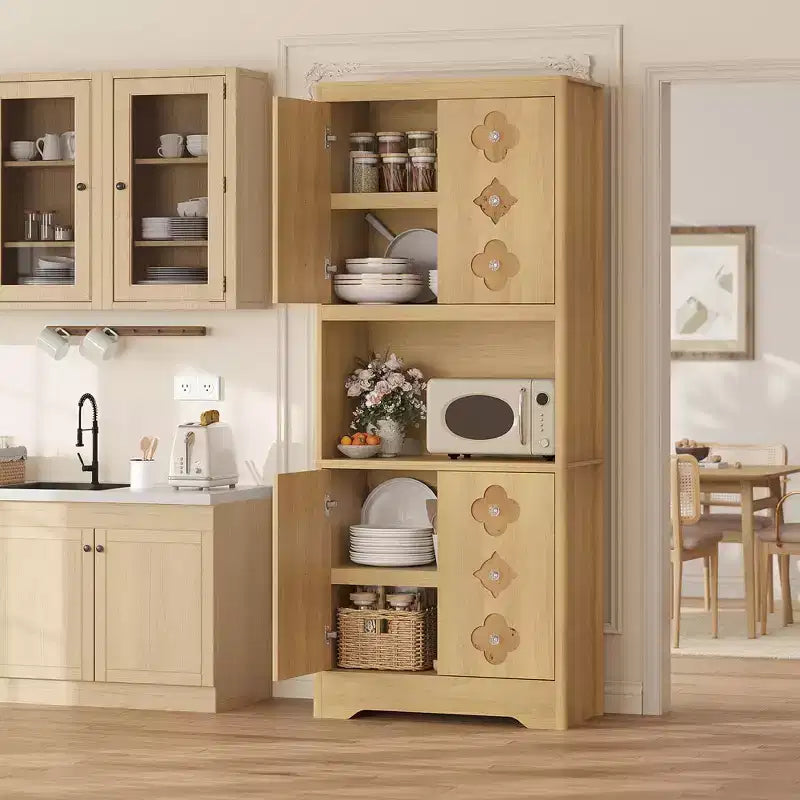 Meuble de cuisine garde-manger, armoire de rangement haute de 183 cm avec plan de travail, buffet en bois autoportant avec porte sculptée et poignée en cristal, pour salle à manger