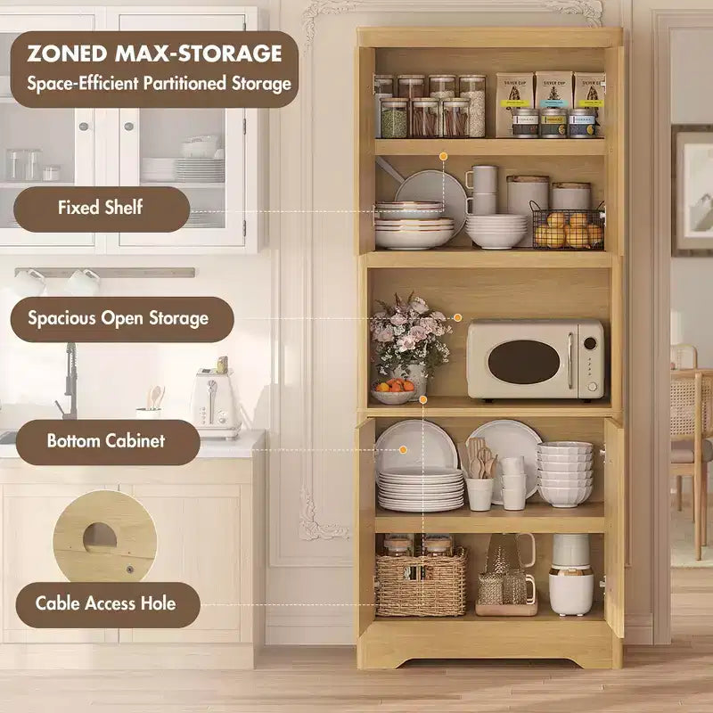 Meuble de cuisine garde-manger, armoire de rangement haute de 183 cm avec plan de travail, buffet en bois autoportant avec porte sculptée et poignée en cristal, pour salle à manger