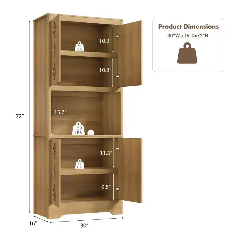 Meuble de cuisine garde-manger, armoire de rangement haute de 183 cm avec plan de travail, buffet en bois autoportant avec porte sculptée et poignée en cristal, pour salle à manger
