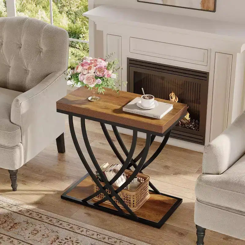 Lot de 2 tables d'appoint Lantine : tables d'appoint industrielles étroites à 2 niveaux avec cadre en métal, marron rustique, idéales pour le salon, la chambre, les petits espaces.