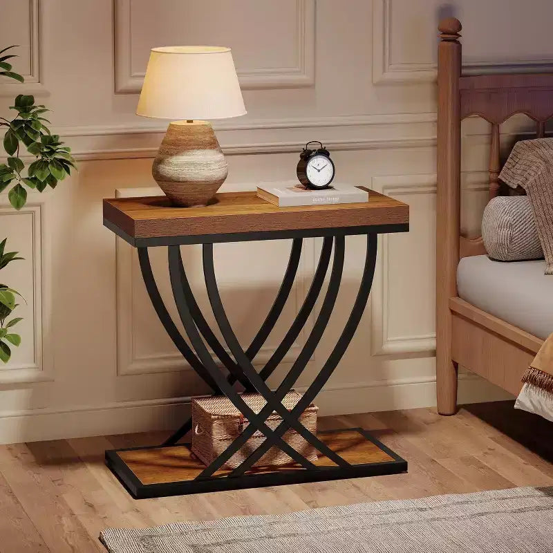 Lot de 2 tables d'appoint Lantine : tables d'appoint industrielles étroites à 2 niveaux avec cadre en métal, marron rustique, idéales pour le salon, la chambre, les petits espaces.