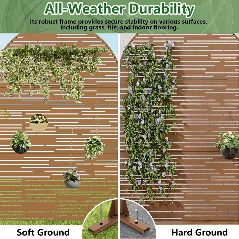 Dovelina 72H x 47W Écran d'intimité extérieur en métal arqué Panneaux de clôture autoportants Blanc/Marron pour Jardin Patio Terrasse Cour