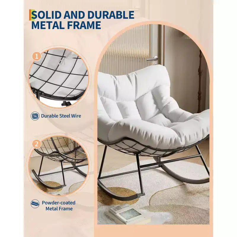 Fauteuil à bascule de patio surdimensionné, cadre en métal robuste, rotin tissé à la main, fauteuil à bascule œuf en rotin pour patio, balcon, jardin, porche, chambre à coucher