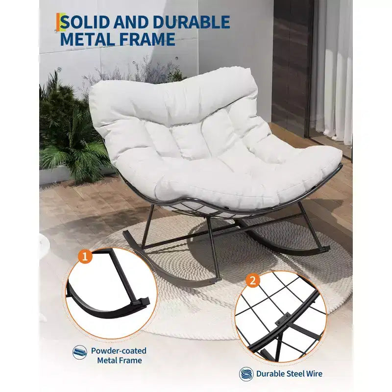 Fauteuil à bascule de patio surdimensionné, cadre en métal robuste, rotin tissé à la main, fauteuil à bascule œuf en rotin pour patio, balcon, jardin, porche, chambre à coucher