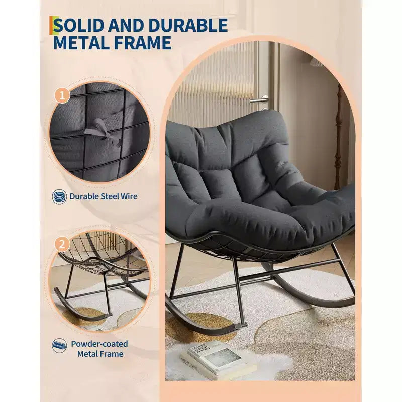 Fauteuil à bascule de patio surdimensionné, cadre en métal robuste, rotin tissé à la main, fauteuil à bascule œuf en rotin pour patio, balcon, jardin, porche, chambre à coucher