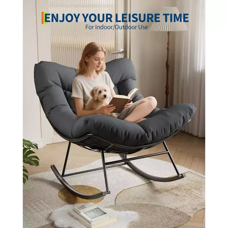Fauteuil à bascule de patio surdimensionné, cadre en métal robuste, rotin tissé à la main, fauteuil à bascule œuf en rotin pour patio, balcon, jardin, porche, chambre à coucher