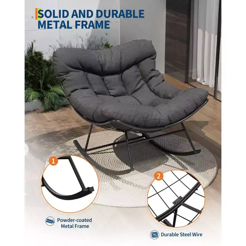 Fauteuil à bascule de patio surdimensionné, cadre en métal robuste, rotin tissé à la main, fauteuil à bascule œuf en rotin pour patio, balcon, jardin, porche, chambre à coucher