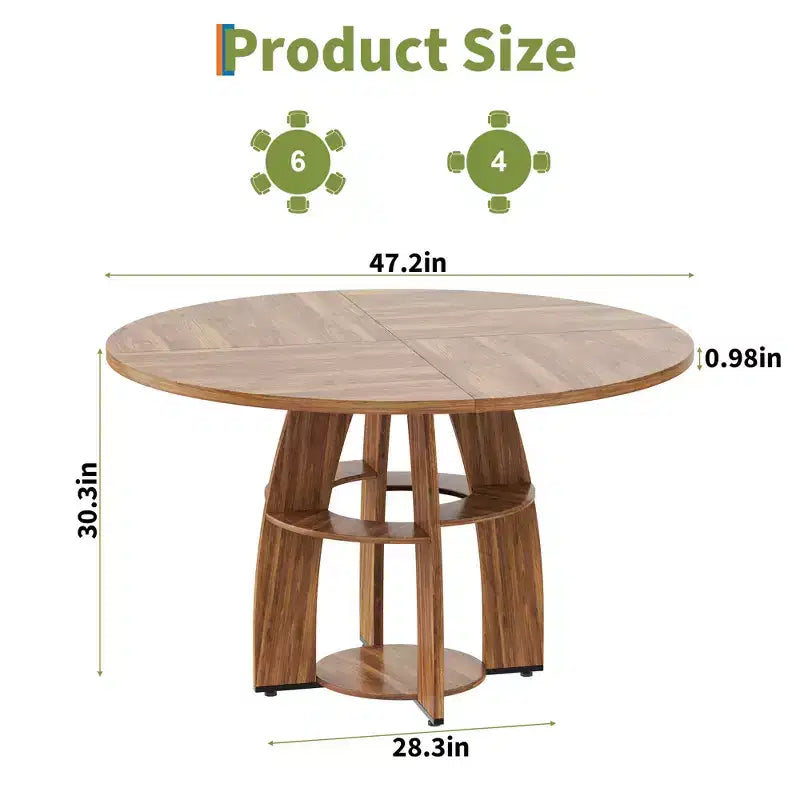 Table de salle à manger ronde Farmhouse 47 pour 4-6 personnes, table de cuisine en bois avec étagère de rangement et pieds réglables, montage facile pour salle à manger, salon, appartement