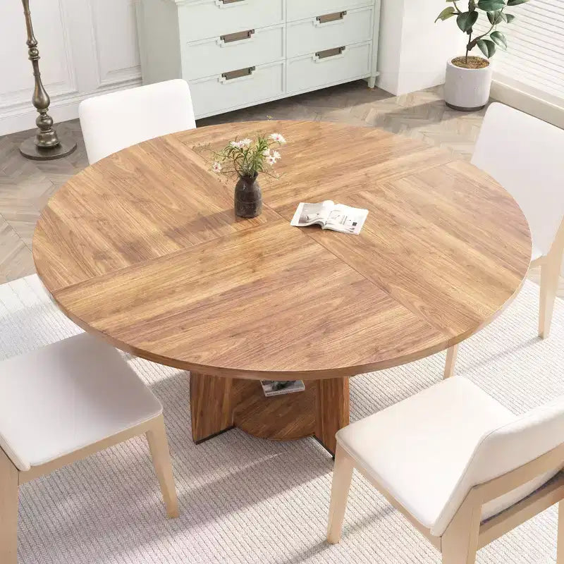Table de salle à manger ronde Farmhouse 47 pour 4-6 personnes, table de cuisine en bois avec étagère de rangement et pieds réglables, montage facile pour salle à manger, salon, appartement