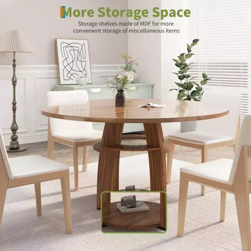 Table de salle à manger ronde Farmhouse 47 pour 4-6 personnes, table de cuisine en bois avec étagère de rangement et pieds réglables, montage facile pour salle à manger, salon, appartement