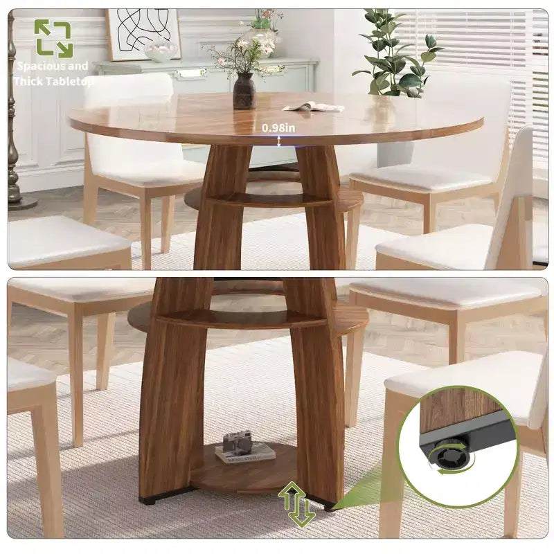 Table de salle à manger ronde Farmhouse 47 pour 4-6 personnes, table de cuisine en bois avec étagère de rangement et pieds réglables, montage facile pour salle à manger, salon, appartement