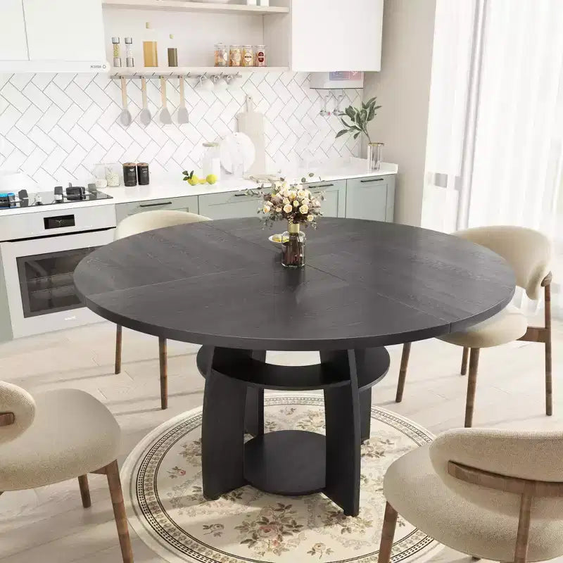 Table de salle à manger ronde Farmhouse 47 pour 4-6 personnes, table de cuisine en bois avec étagère de rangement et pieds réglables, montage facile pour salle à manger, salon, appartement