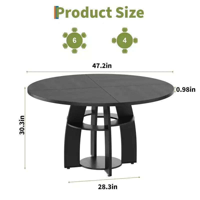 Table de salle à manger ronde Farmhouse 47 pour 4-6 personnes, table de cuisine en bois avec étagère de rangement et pieds réglables, montage facile pour salle à manger, salon, appartement