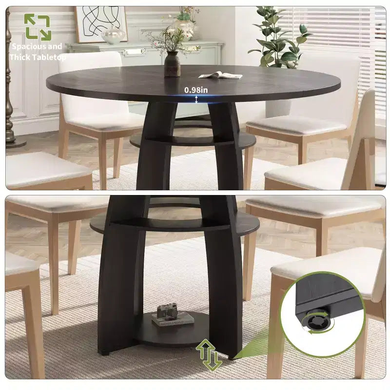 Table de salle à manger ronde Farmhouse 47 pour 4-6 personnes, table de cuisine en bois avec étagère de rangement et pieds réglables, montage facile pour salle à manger, salon, appartement
