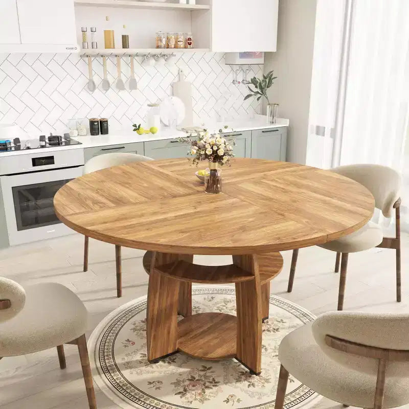 Table de salle à manger ronde Farmhouse 47 pour 4-6 personnes, table de cuisine en bois avec étagère de rangement et pieds réglables, montage facile pour salle à manger, salon, appartement