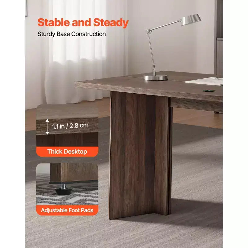 VEVOR Bureau de Direction 160 cm, Grande Table de Bureau Rectangulaire Moderne, Table de Direction en Bois avec Trou de Passage de Câbles, Capacité de Charge 113 kg, Marron