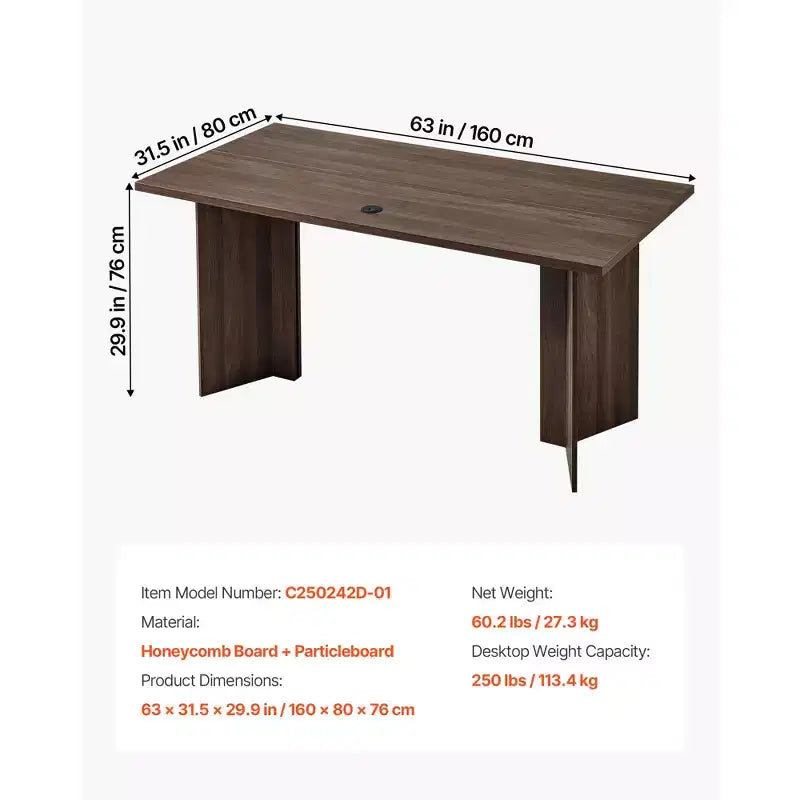 VEVOR Bureau de Direction 160 cm, Grande Table de Bureau Rectangulaire Moderne, Table de Direction en Bois avec Trou de Passage de Câbles, Capacité de Charge 113 kg, Marron