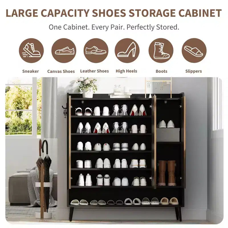 Meuble à chaussures, Meuble de rangement pour chaussures grande capacité à 6 niveaux avec 3 portes et crochets, Lot de 2 Marron Rangement d'entrée pour Couloir, Salon