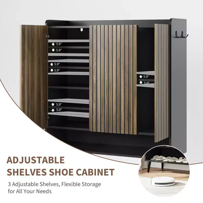 Meuble à chaussures, Meuble de rangement pour chaussures grande capacité à 6 niveaux avec 3 portes et crochets, Lot de 2 Marron Rangement d'entrée pour Couloir, Salon