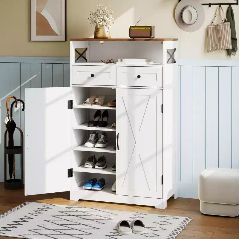 Meuble à chaussures, meuble de rangement pour chaussures - design moderne de style fermier, étroit, avec tiroirs et étagères réglables, organisateur autoportant pour entrée