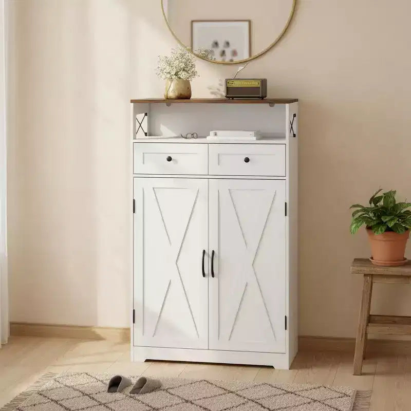 Meuble à chaussures, meuble de rangement pour chaussures - design moderne de style fermier, étroit, avec tiroirs et étagères réglables, organisateur autoportant pour entrée