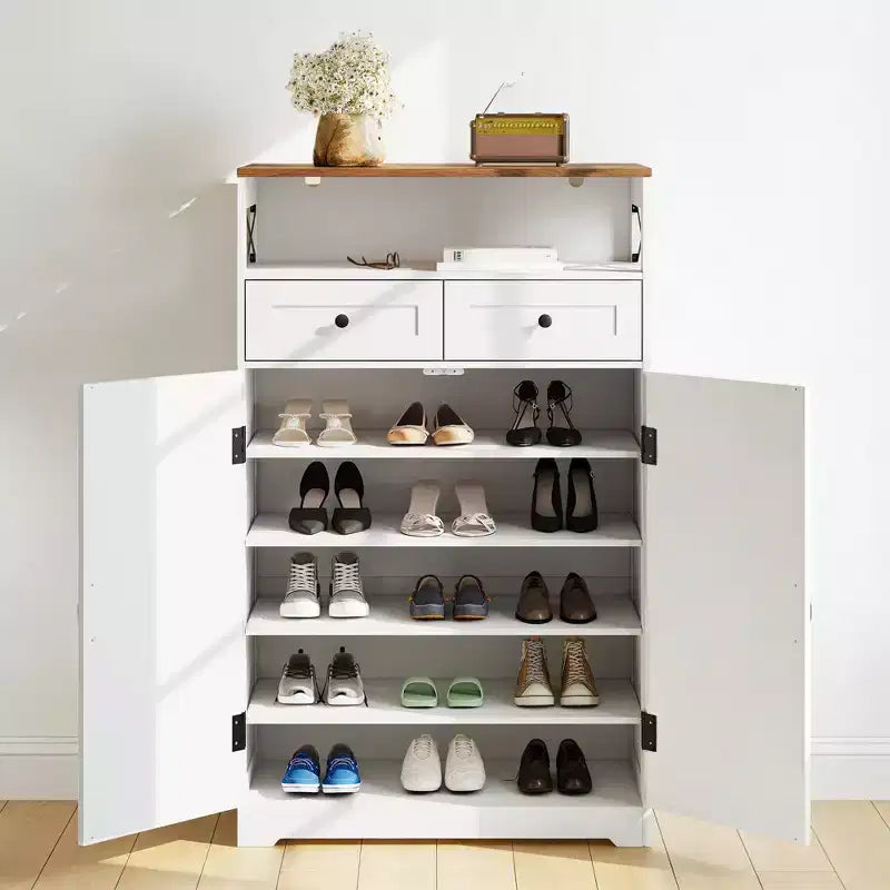 Meuble à chaussures, meuble de rangement pour chaussures - design moderne de style fermier, étroit, avec tiroirs et étagères réglables, organisateur autoportant pour entrée