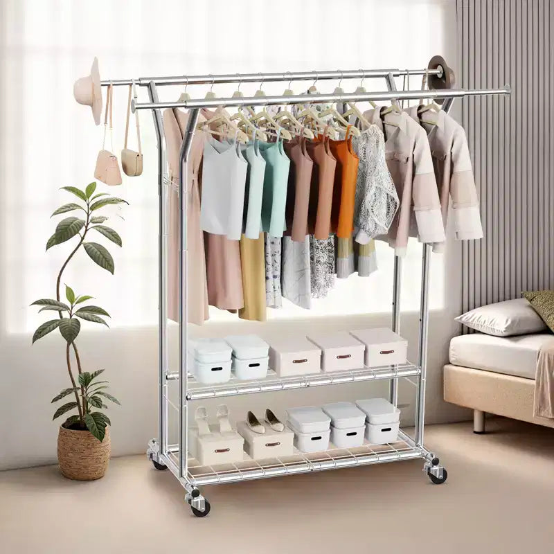 VEVOR Portant à vêtements, Portant à vêtements roulant avec 2 tringles et 2 étagères de rangement, capacité de charge de 120 kg, argent