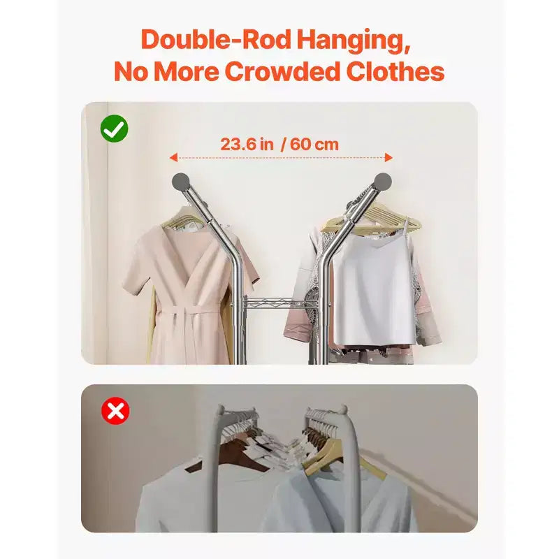 VEVOR Portant à vêtements, Portant à vêtements roulant avec 2 tringles et 2 étagères de rangement, capacité de charge de 120 kg, argent