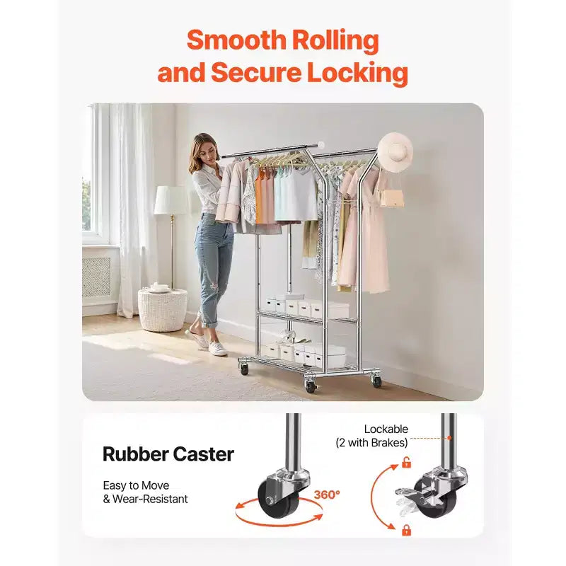 VEVOR Portant à vêtements, Portant à vêtements roulant avec 2 tringles et 2 étagères de rangement, capacité de charge de 120 kg, argent
