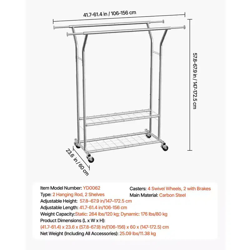 VEVOR Portant à vêtements, Portant à vêtements roulant avec 2 tringles et 2 étagères de rangement, capacité de charge de 120 kg, argent