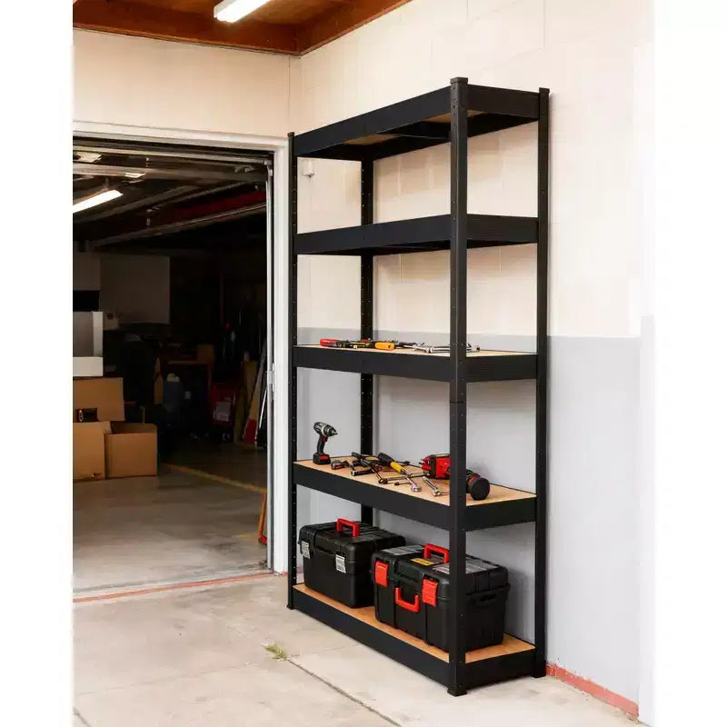 Étagère de garage en acier à 5 niveaux Structure en acier au carbone avec panneaux MDF, 180 kg par niveau, support de rangement réglable pour sous-sol et garde-manger