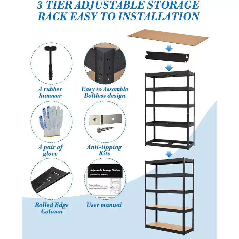 5-Tier Steel Garage Shelf  Carbon Steel Frame with MDF Boards, 180kg per Tier, Adjustable Storage Rack for Basement & Pantry