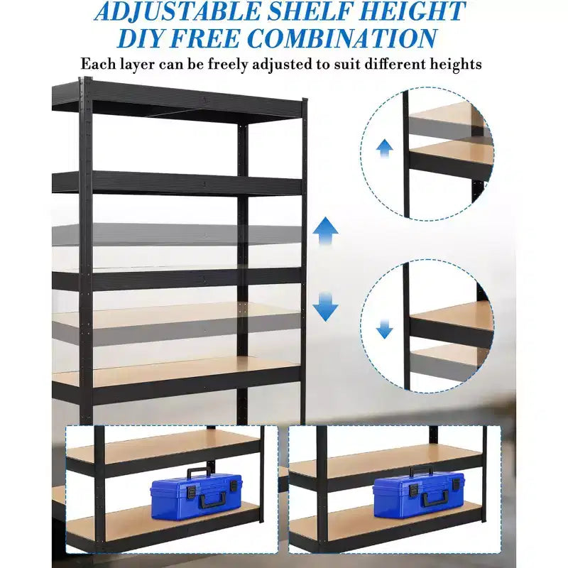 Étagère de garage en acier à 5 niveaux Structure en acier au carbone avec panneaux MDF, 180 kg par niveau, support de rangement réglable pour sous-sol et garde-manger