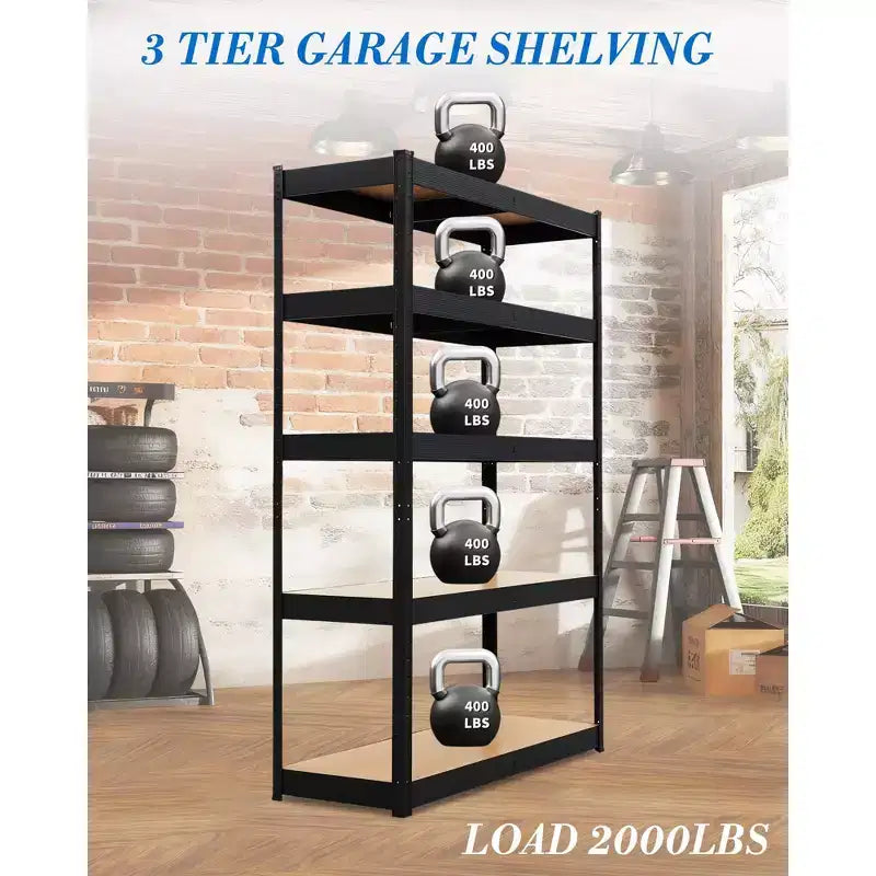 Étagère de garage en acier à 5 niveaux Structure en acier au carbone avec panneaux MDF, 180 kg par niveau, support de rangement réglable pour sous-sol et garde-manger