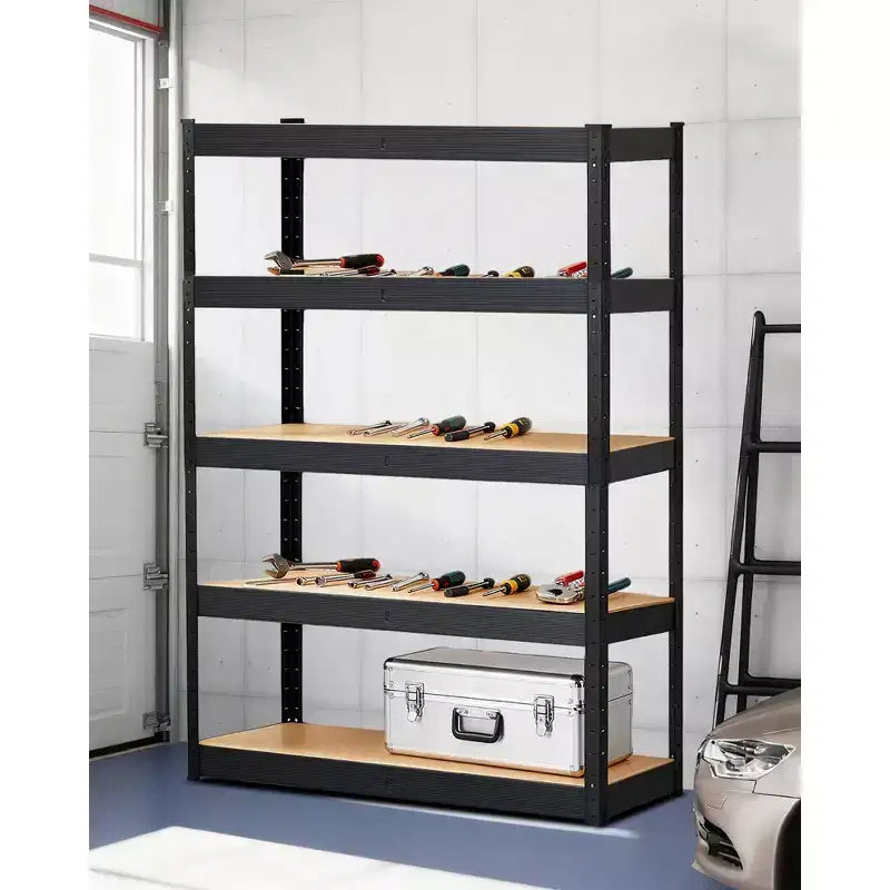 Étagère de garage en acier à 5 niveaux Structure en acier au carbone avec panneaux MDF, 180 kg par niveau, support de rangement réglable pour sous-sol et garde-manger