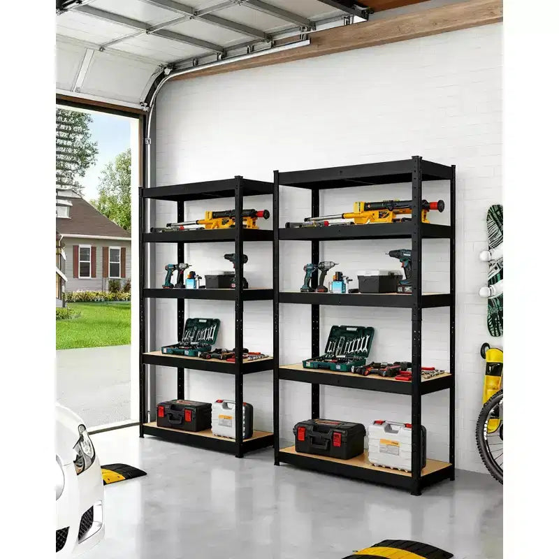 Étagère de garage en acier à 5 niveaux Structure en acier au carbone avec panneaux MDF, 180 kg par niveau, support de rangement réglable pour sous-sol et garde-manger