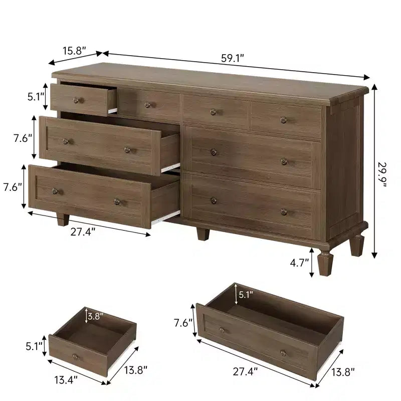 Vintage 8-Drawer Dresser,59 Long TV Stand for Bedroom with Carved Handles, Tapered Wooden Legs, Large Storage Capacity Wooden Chest of Drawers