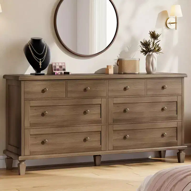 Vintage 8-Drawer Dresser,59 Long TV Stand for Bedroom with Carved Handles, Tapered Wooden Legs, Large Storage Capacity Wooden Chest of Drawers